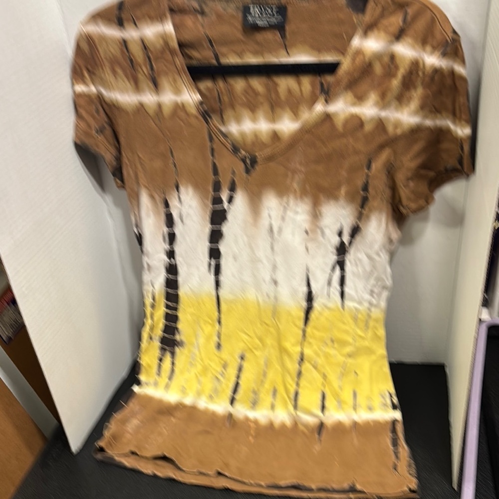 Tryst Brown and Yellow Tie-Dye V-Neck Top size medium